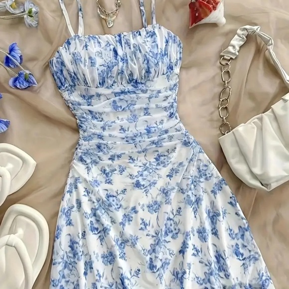Blue and White Floral Midi Dress - Picture 1 of 7